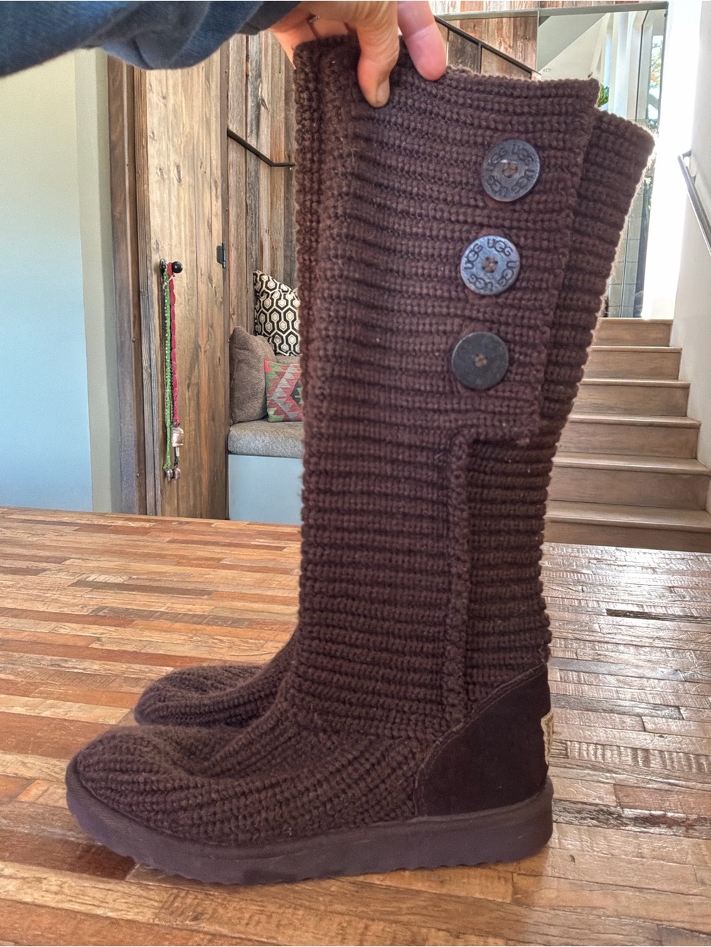 UGG Dark Brown Knit Button-Trim Tall Boots